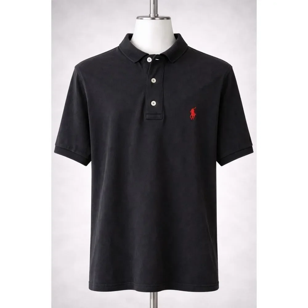 Vintage 90s Polo Ralph Lauren Black Knit Polo Shirt XXL 2XL Short Sleeve